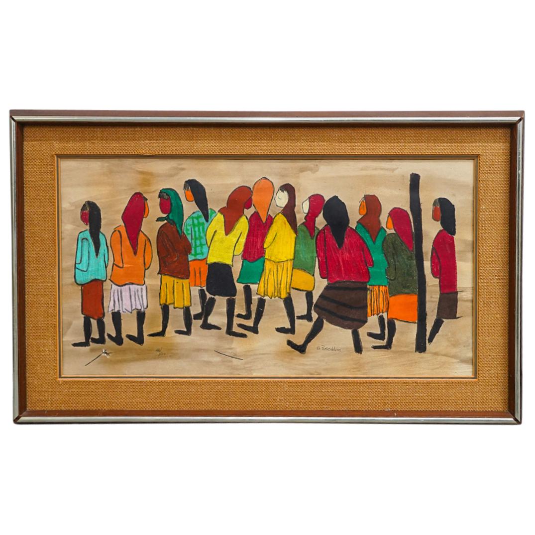 Sadie Rosenblum (Ukrainian, 1899-1987) Oil Painting on Paper 48/100: DESCRIPTION: 48/100 Oil painting on paper by Ukrainian artist Sadie Skoletsky Rosenblum (1899-1987); Depicting in a minimalist manner a group of figures in colorful clothing. Signed lower in pencil "4