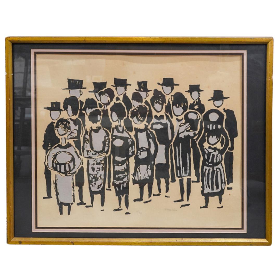 Sadie Rosenblum (Ukrainian, 1899-1987) Oil Painting on Paper 11/100: DESCRIPTION: 11/100 Oil painting on paper by Ukrainian artist Sadie Skoletsky Rosenblum (1899-1987); Depicting in a minimalist manner a group of figures in black and gray. Signed lower in pencil "11/1