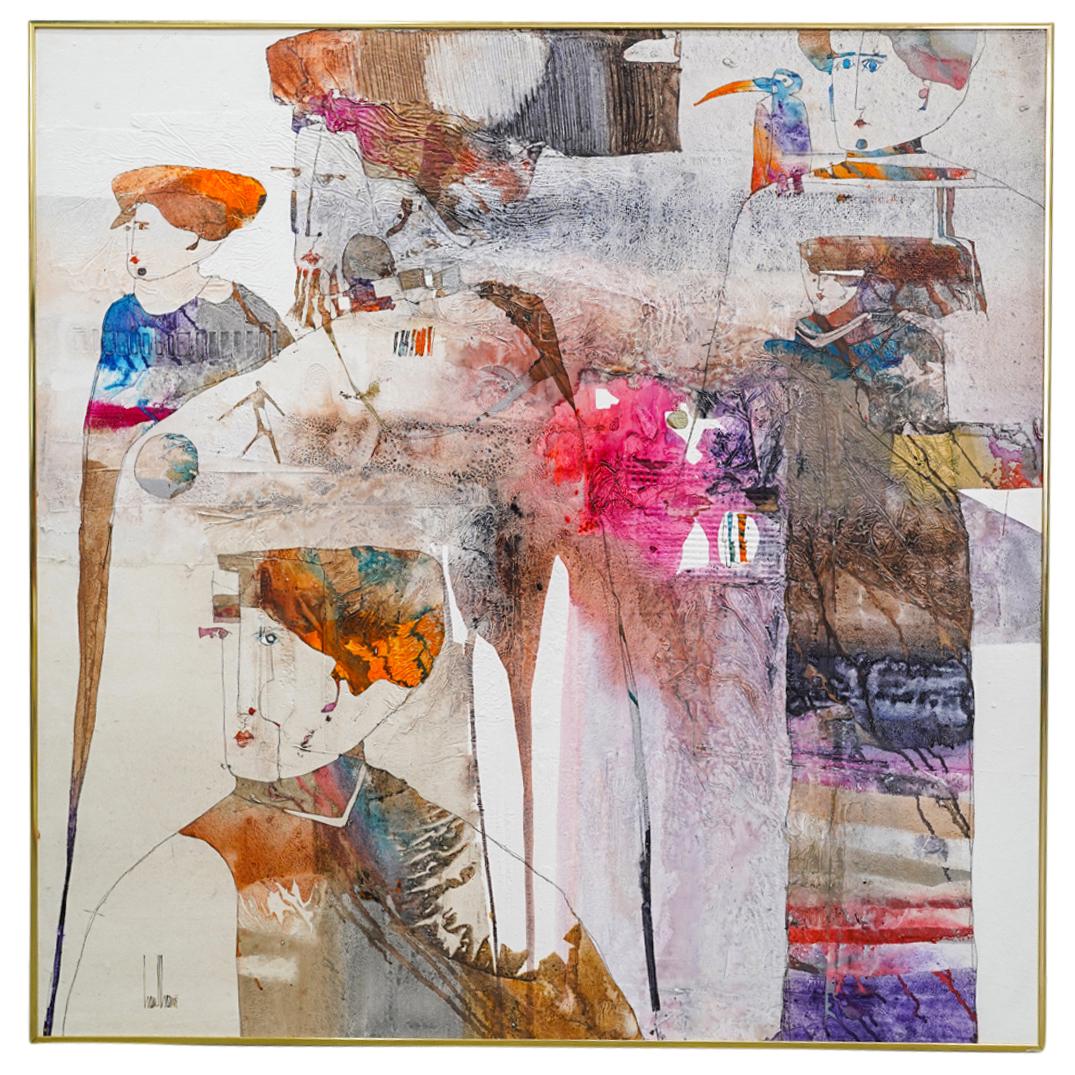 Gregory Hawthorne (American, b. 1951) Mixed Media Painting on Board: DESCRIPTION: Mixed media painting on board by American artist Gregory Hawthorne (b. 1951); Depicting a colorful abstract composition with figures and textured details. Signed lower left "Hawthorne". M