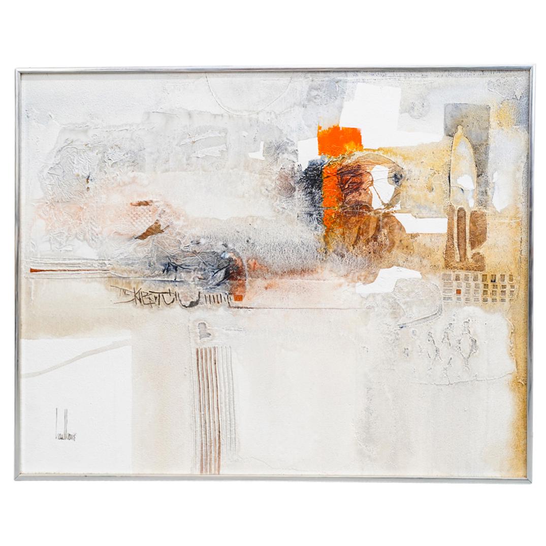 Gregory Hawthorne (American, b. 1951) Mixed Media Painting on Masonite: DESCRIPTION: Mixed media painting on masonite by American artist Gregory Hawthorne (b. 1951); Depicting an abstract composition with orange, blue as well as gray tones over a white background and text