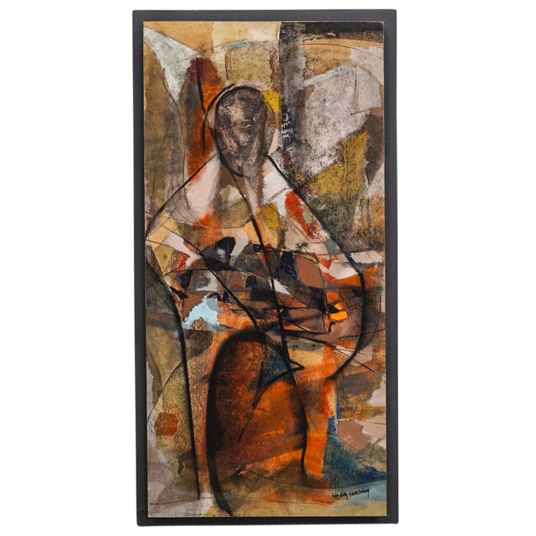 Harry Hershey Abstract Oil Painting on Masonite: DESCRIPTION: Vintage abstract oil painting on masonite by artist Harry Hershey, depicting a figural composition with blocks of color and geometric lines. Signed lower right "Harry Hershey". Partial ga