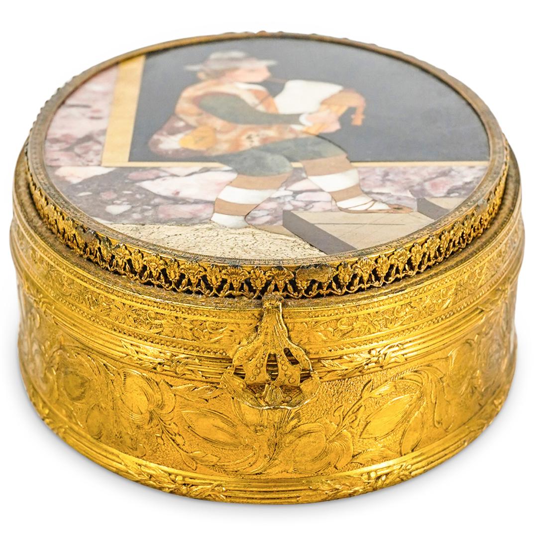 Italian Pietra Dura Hinged Lidded Oval Gilt Bronze Box (1 of 6)