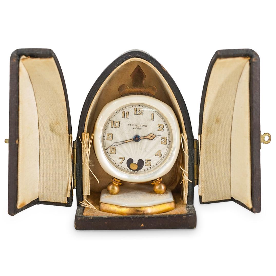 1920's Lenox Fleur De Lys Mother Of Pearl Traveling Clock W/ Case (1 of 5)