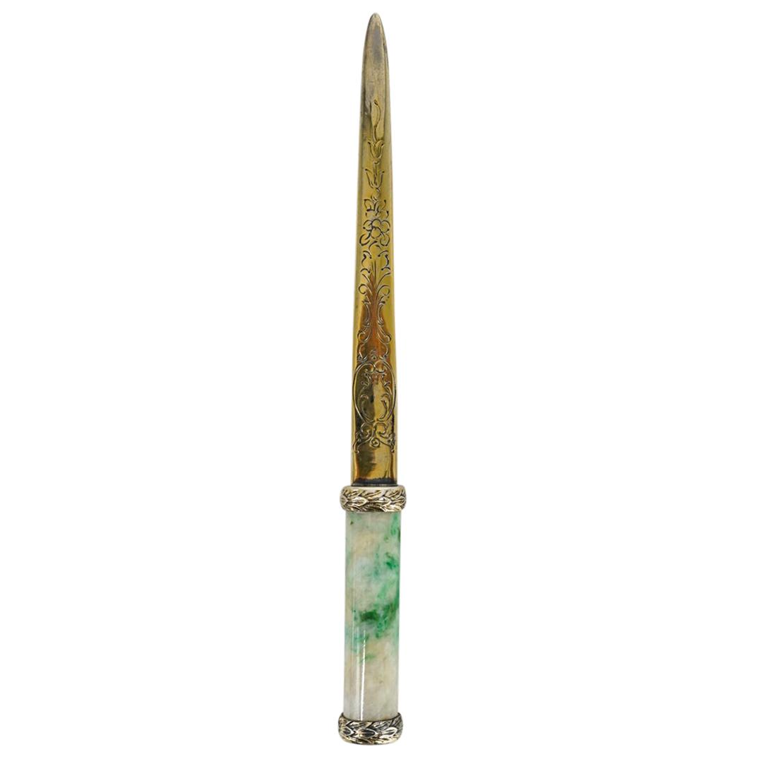 Antique Bensabott Sterling Silver, Apple Jade Letter Opener: DESCRIPTION: Bensabott sterling silver letter opener featuring an apple jade handle framed by raised wreath leaves and finished with etched floral and foliage designs along the blade. Marked "BENSABOT