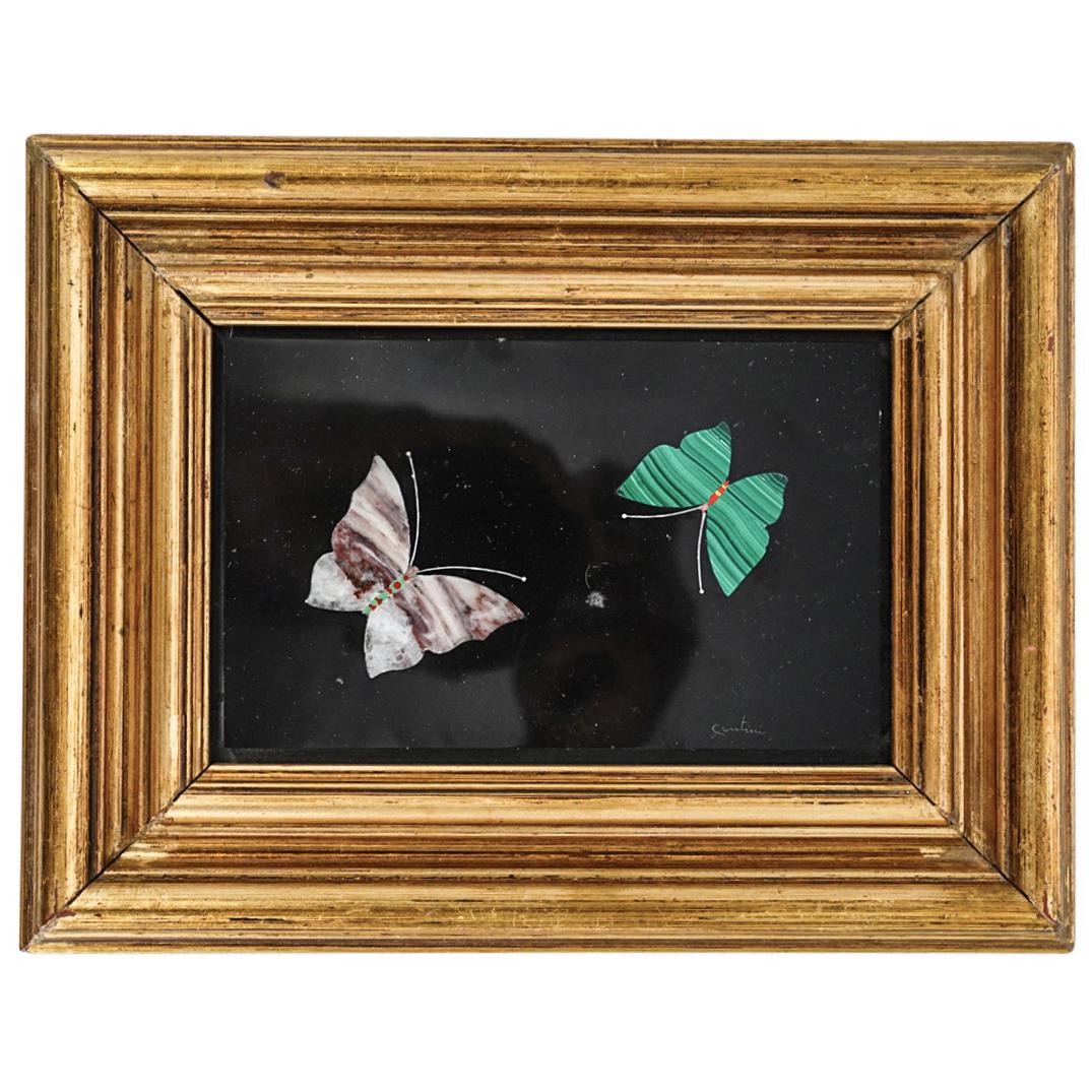 Florentine Gina Contini Pietra Dura Butterfly Plaque: DESCRIPTION: Pietra dura plaque by Gina Contini depicting two butterflies-one with malachite wings, one with polychrome hard stone wings-against a black, hard stone background. Piece is mounted in a g