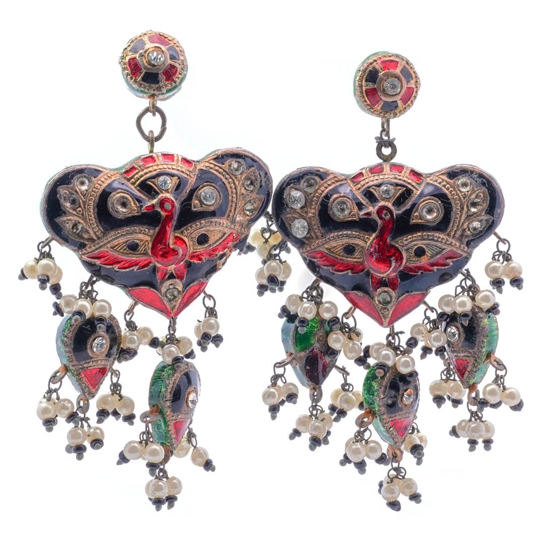 Pair of Antique Indian Silver and Enamel Earrings (1 of 3)