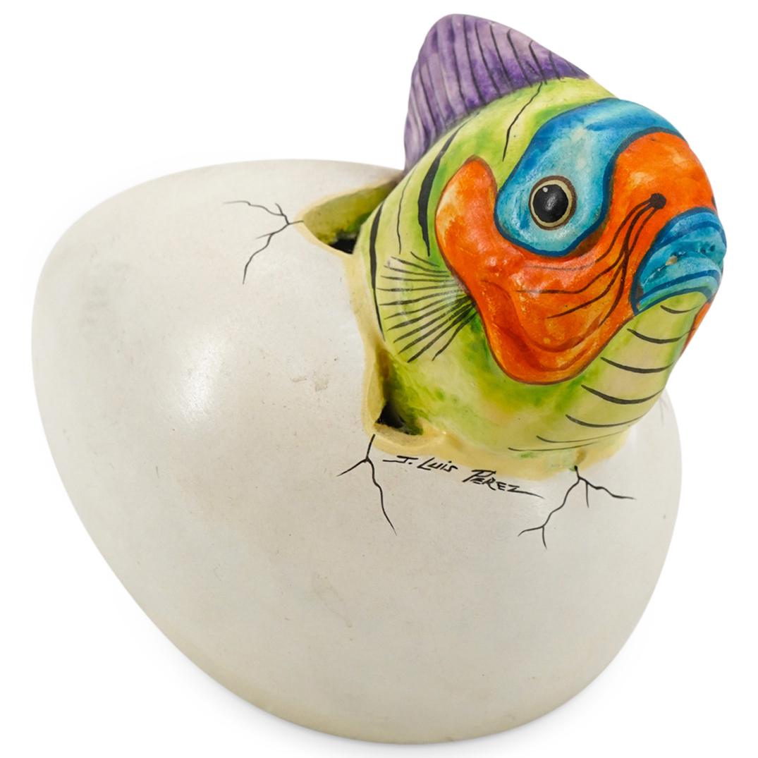 Mexican Folk Art Signed J. Luis Perez Fish & Egg Porcelain Sculpture (1 of 3)
