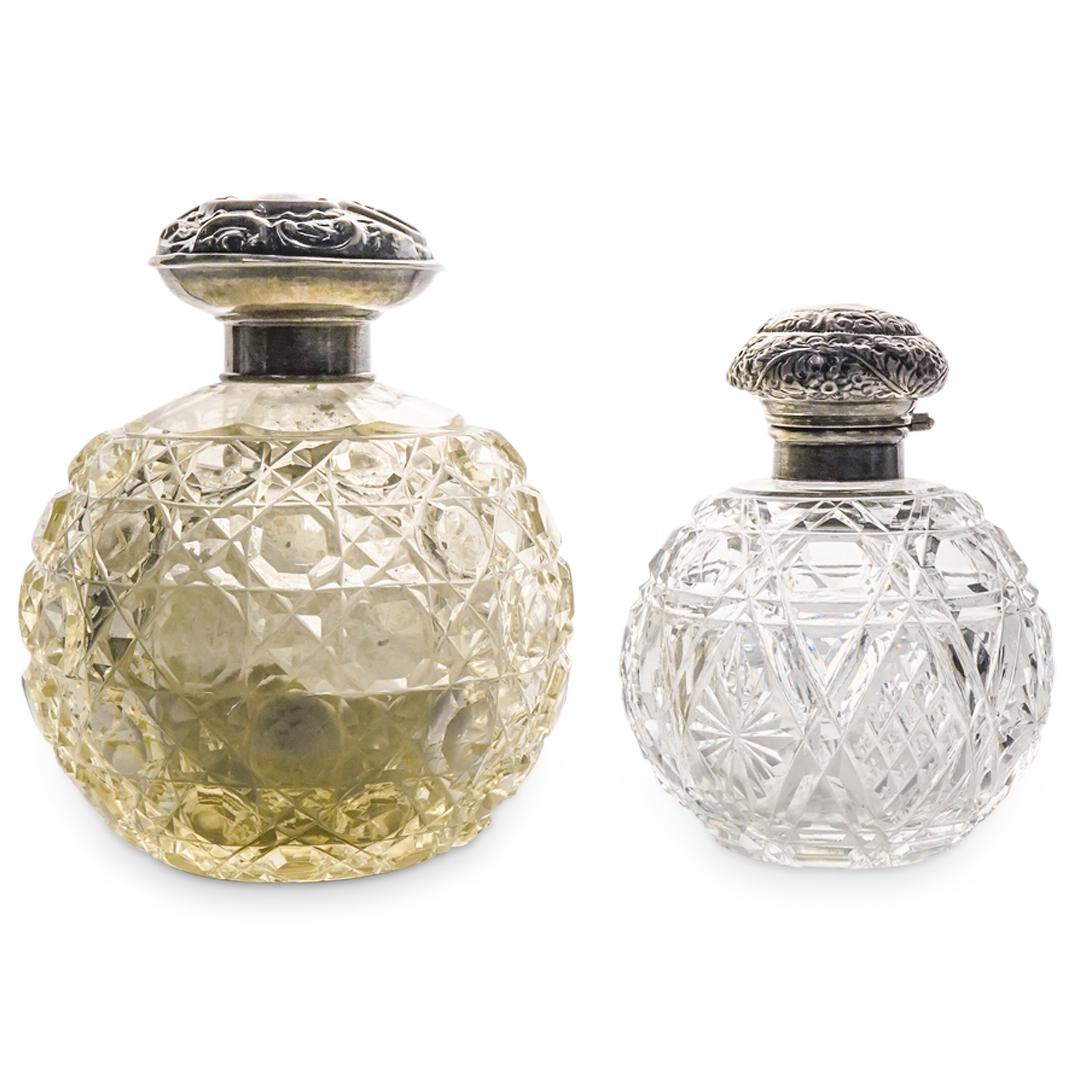 (2 Pc) Antique English Cut Crystal Perfume Bottles W/ Sterling Silver Caps (1 of 7)