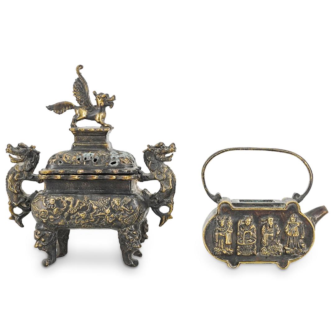 (2 Pc) Vintage Chinese Handled Bronze Censers (1 of 12)