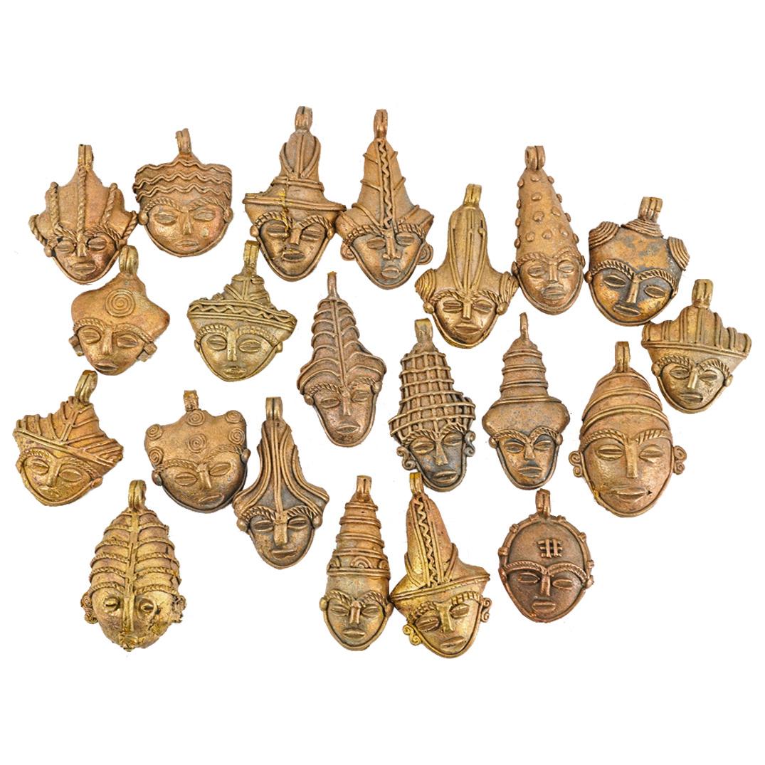 (21 Pc) Antique Baule / Ashanti Gilt Bronze Mask Pendants (1 of 8)