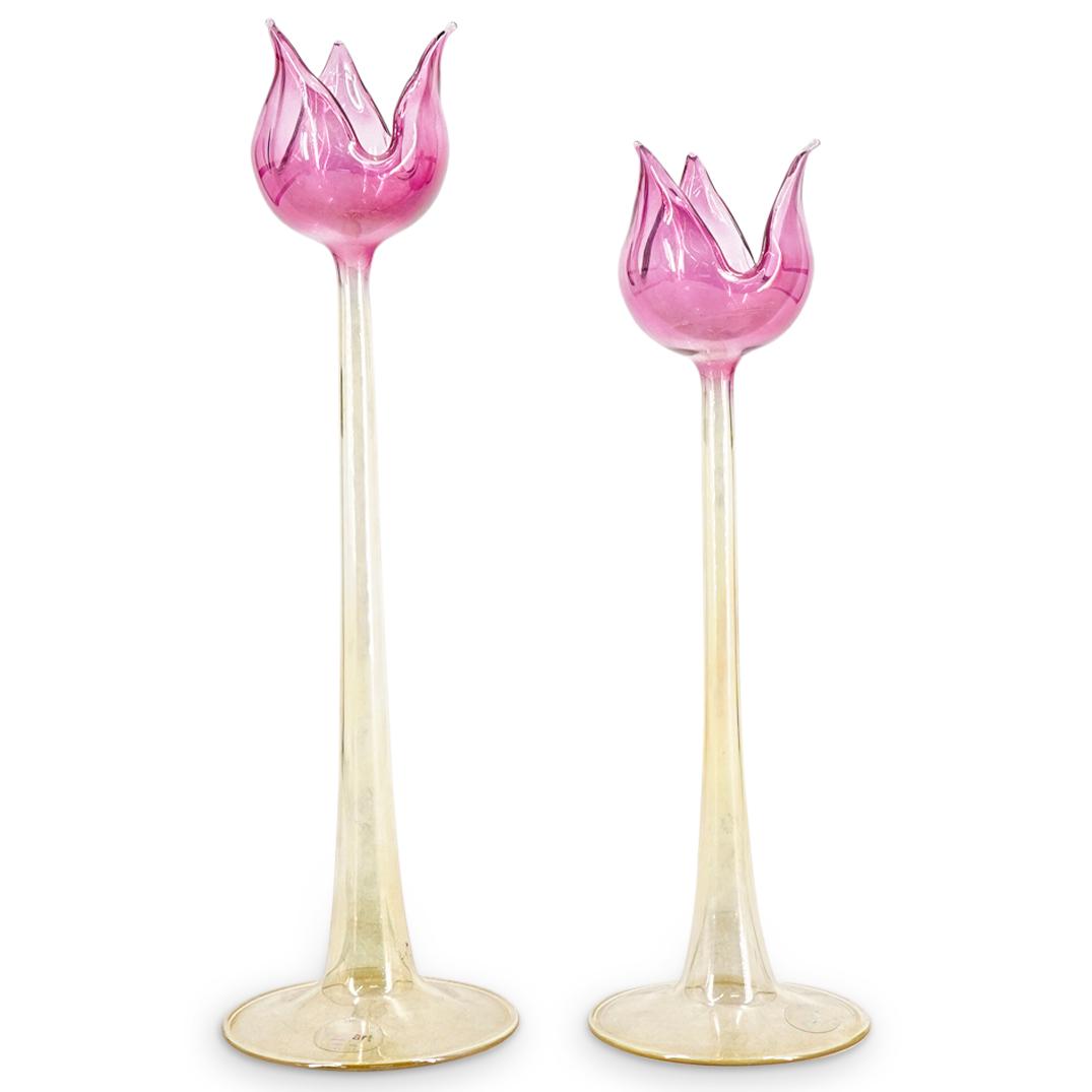 (2 Pc) Italian Soffieria Vetro Vetrart Floral Blown Glass Candlesticks (1 of 5)