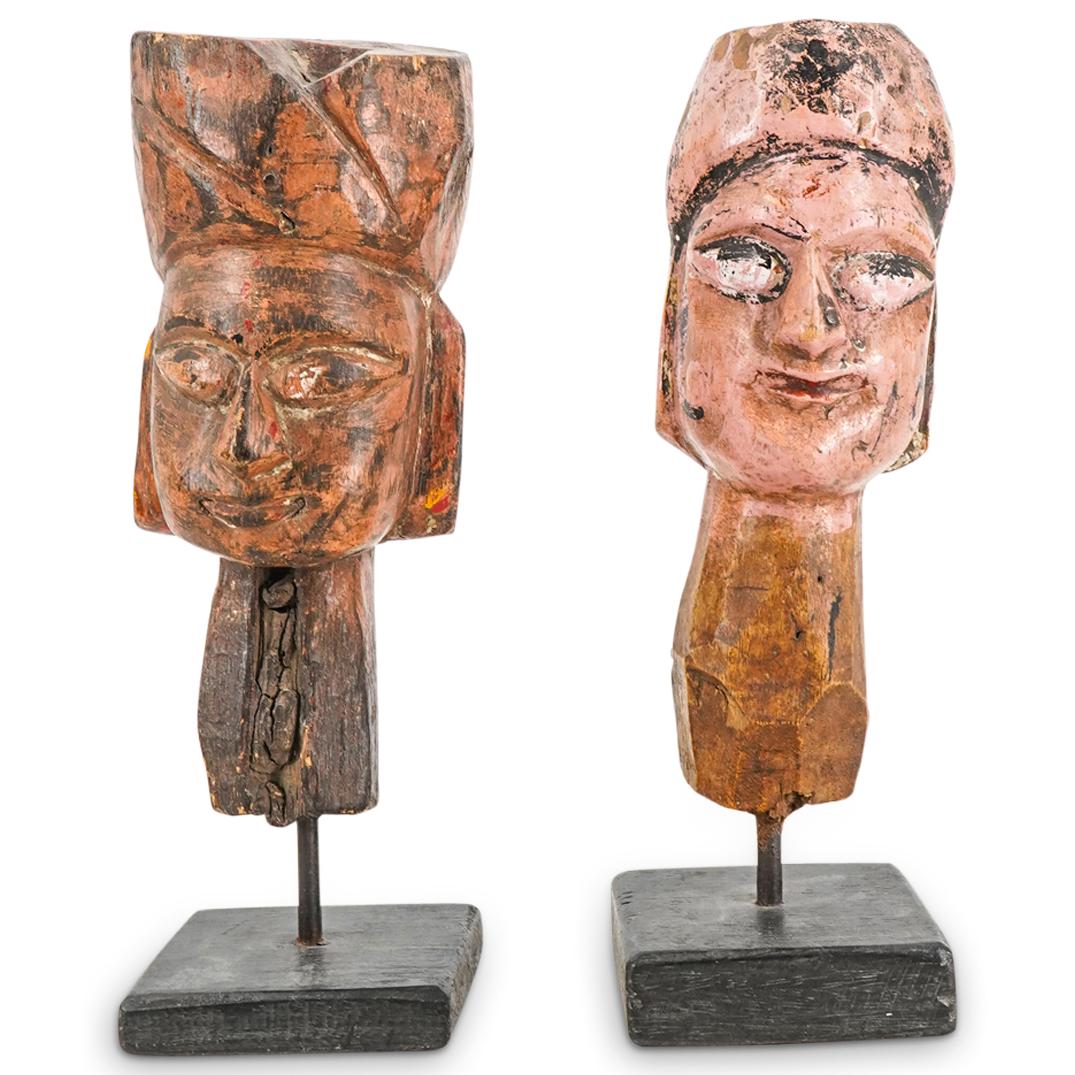 (2 Pc) Southeast Asian Hand Carved Tribal Wooden Bust Head Sculptures (1 of 4)