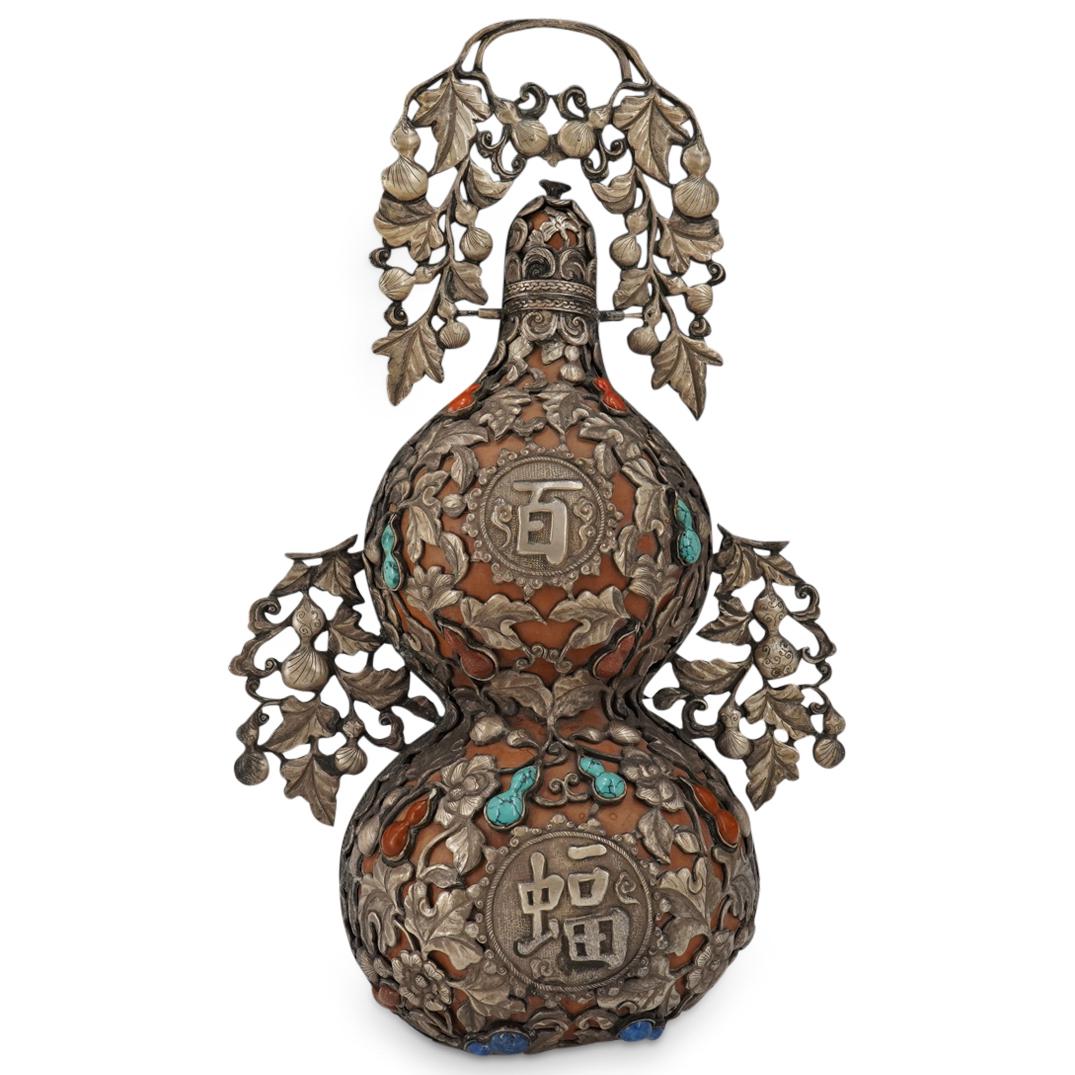 19th. Cent. Mongolian Silver Mounted Gourd Form Wall Plaque (1 of 8)