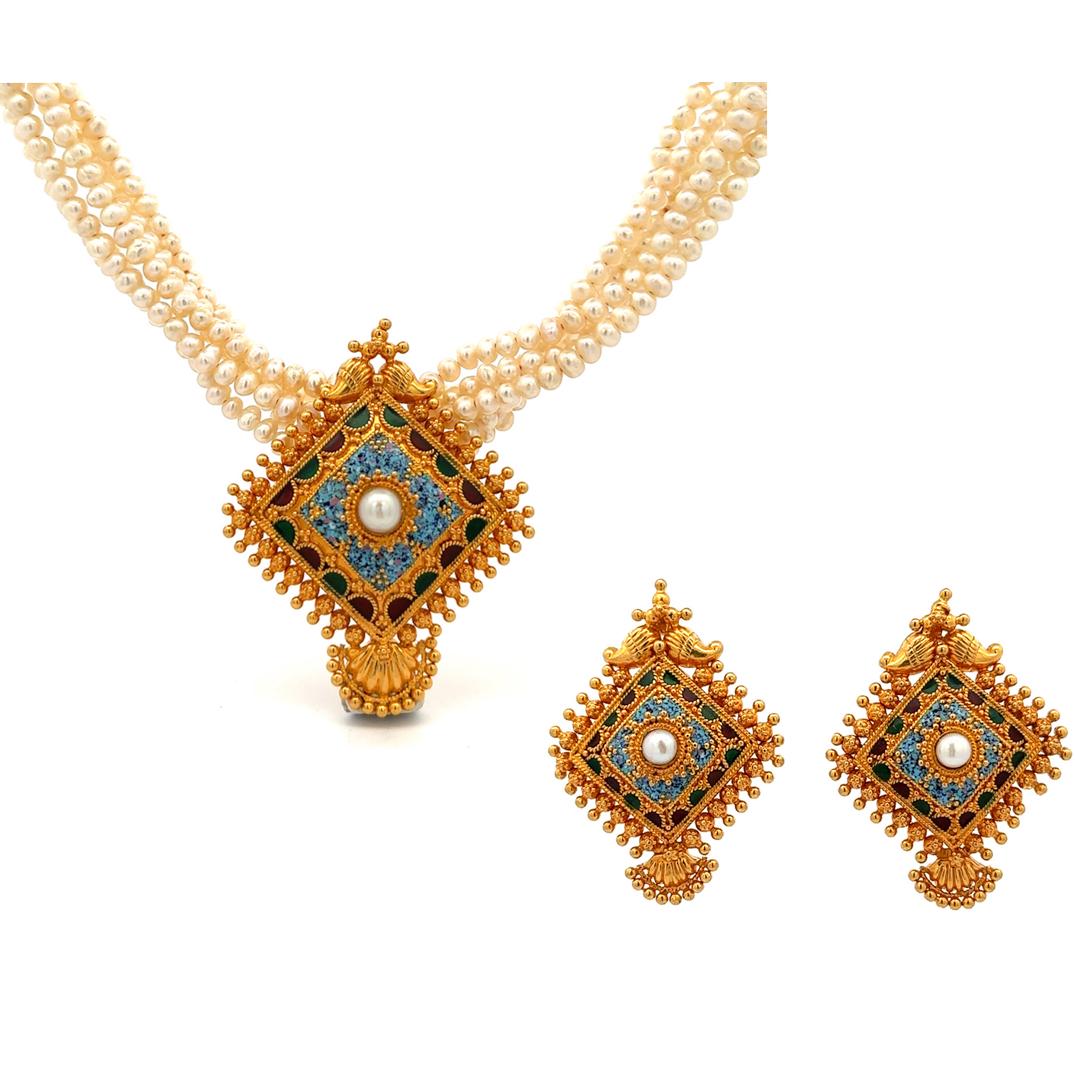 Designer 22k Gold, Enamel and Beaded Pearl Jewelry Suite (1 of 5)