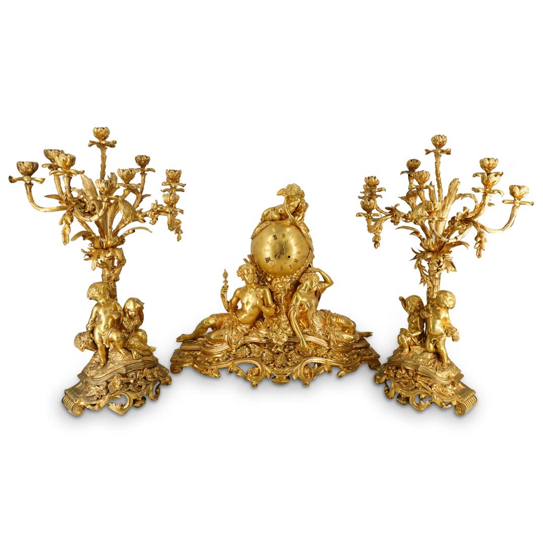 19th Century French Raingo Freres Mantle Clock & Garniture (1 of 17)