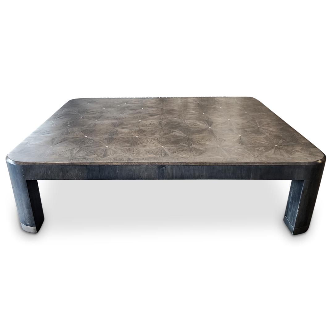 Ron Seff Raffia Wood Marquetry Cocktail Table: DESCRIPTION: Ron Seff Mid Century Modern Raffia wood cocktail table with marquetry and rounded edge design. CIRCA: 1980s ORIGIN: USA DIMENSIONS: H: 15.75" x W: 48" x L: 60" Have a similar item to sell