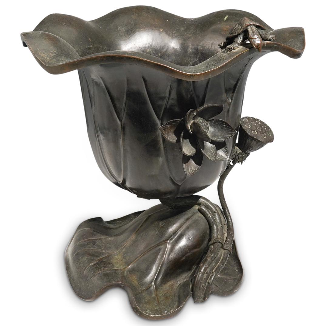 Large Meiji Japanese Bronze Lotus Flower and Turtle Adorned Planter (1 of 11)