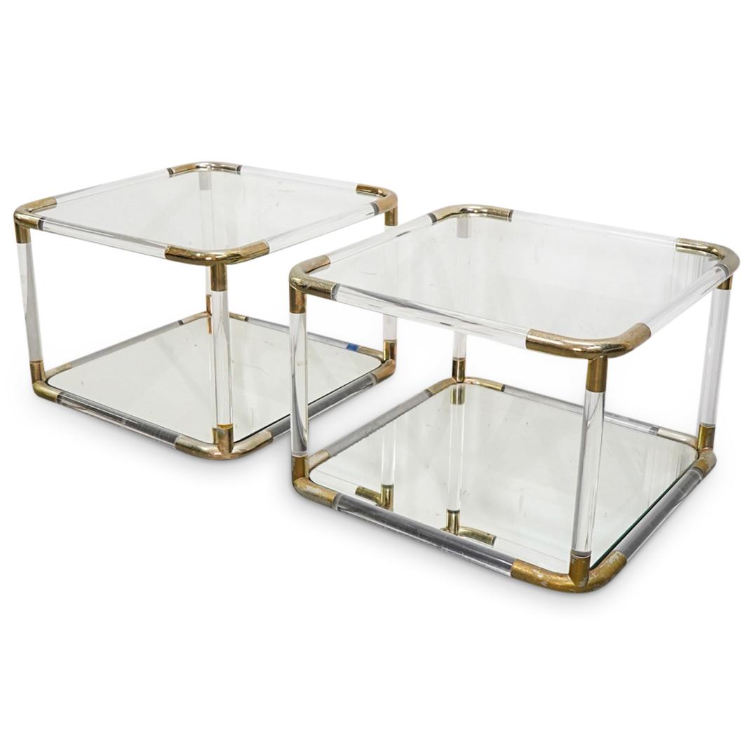 (2 Pc) Attr. Charles Hollis Jones Lucite, Brass & Glass Side Tables (1 of 5)