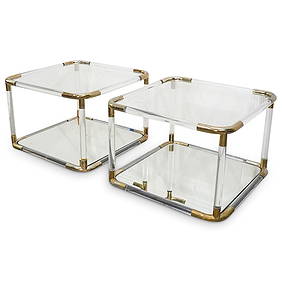 (2 Pc) Attr. Charles Hollis Jones Lucite, Brass & Glass Side Tables (1 of 5)