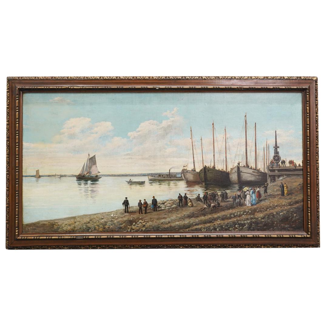 19th Cent. Oil on Canvas Harbour Painting (1 of 8)