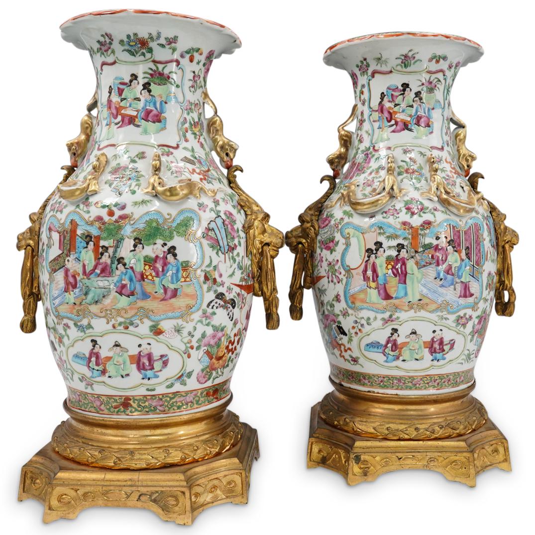Pair of Antique Chinese Rose Medallion Bronze Mounted Porcelain Vases (1 of 12)