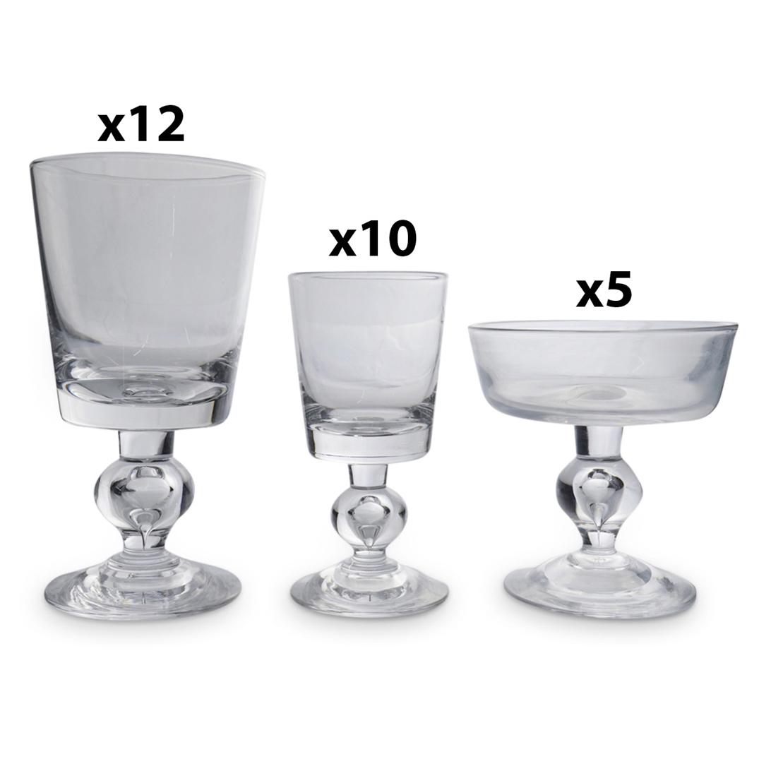 (27 Pc) Steuben Glass Crystal 7926 Pattern Stemware Set: DESCRIPTION: 27 piece set of Steuben crystal stemware in the 7926 pattern-including water goblets, wine glasses, and champagne/tall sherbet glasses-each piece of which features a bulbous element to th