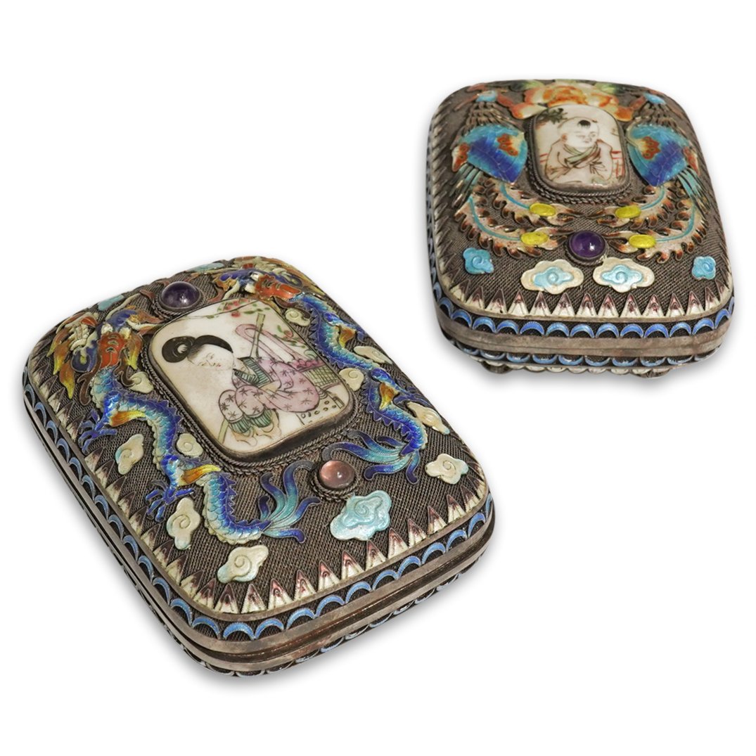 Pair of Chinese Filigree Silver & Enamel Boxes (1 of 8)