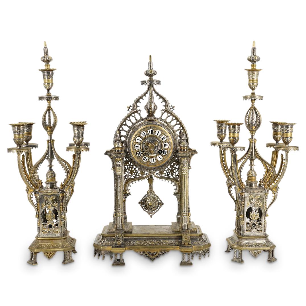 Antique French Silvered Bronze Garniture Clock Set (1 of 10)