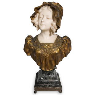 Affortunato Gory Bronze & Alabaster Women Bust: DESCRIPTION: Affortunato Gory bronze and carved alabaster bust of a women on marble bronze footed base, signed in cast: "Gory" CIRCA: Early to Mid 20th Century ORIGIN: Italy DIMENSIONS: H: 17" x D: 10