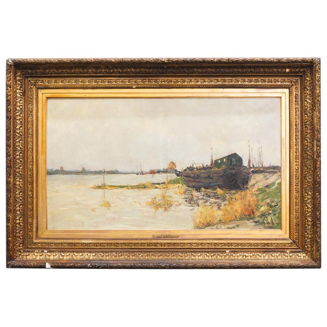 F. A. Moey (Follower of Eugene Boudin) "Riverside" Oil on Canvas Landscape: DESCRIPTION: F. A. Moey (Follower of Eugene Boudin ) Oil on canvas painting titled: "Riverside" depictions a coastal scene with grounded ship and grassy plateau details, signed lower right: "F. A. Moe