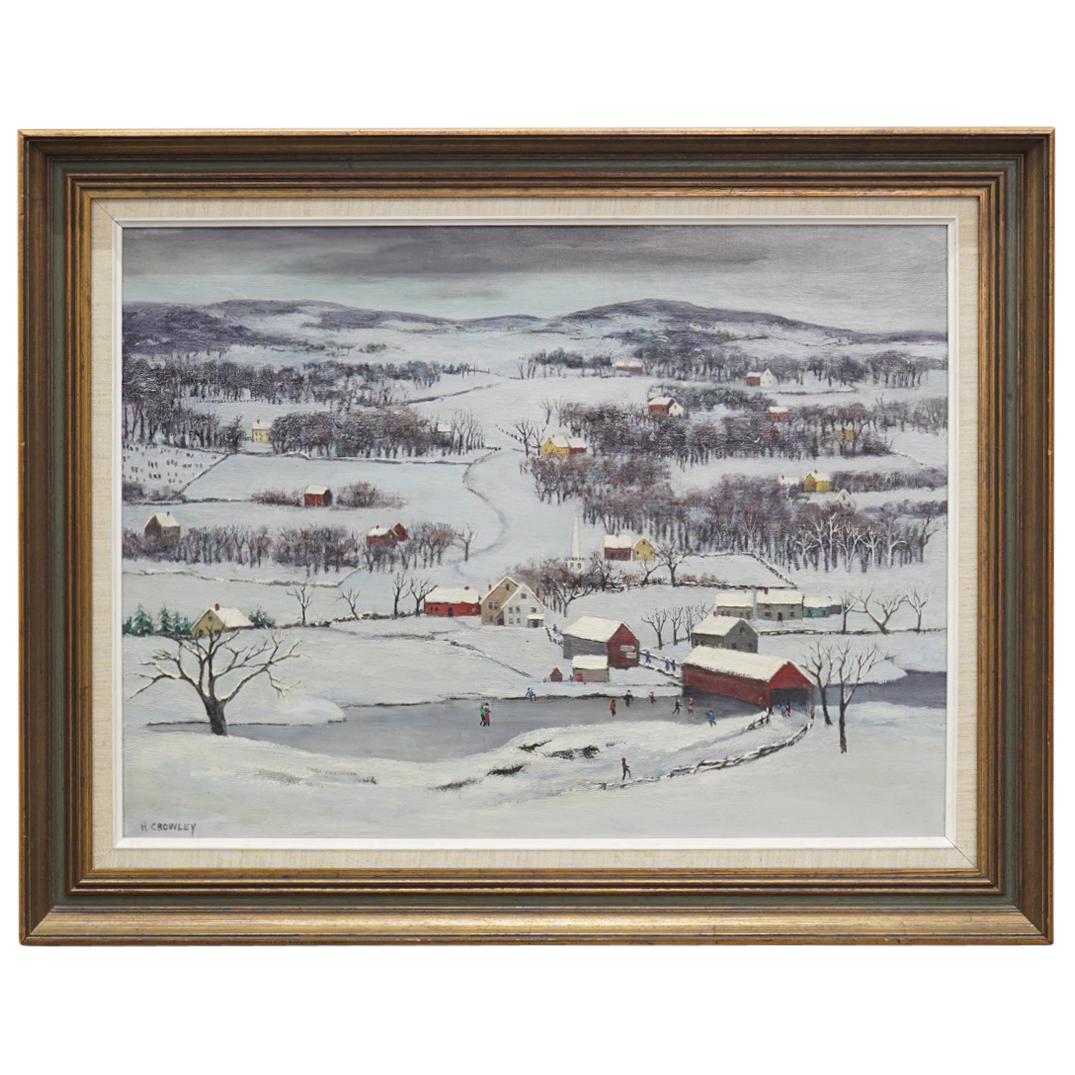 Harry Crowley Oil on Canvas Painting: DESCRIPTION: Harry Crowley oil on canvas painting depicting a snow covered townscape, signed lower left: "H. Crowley" mounted in gilt wood frame. CIRCA: 1960s ORIGIN: USA DIMENSIONS: (Image) H: 18" x 