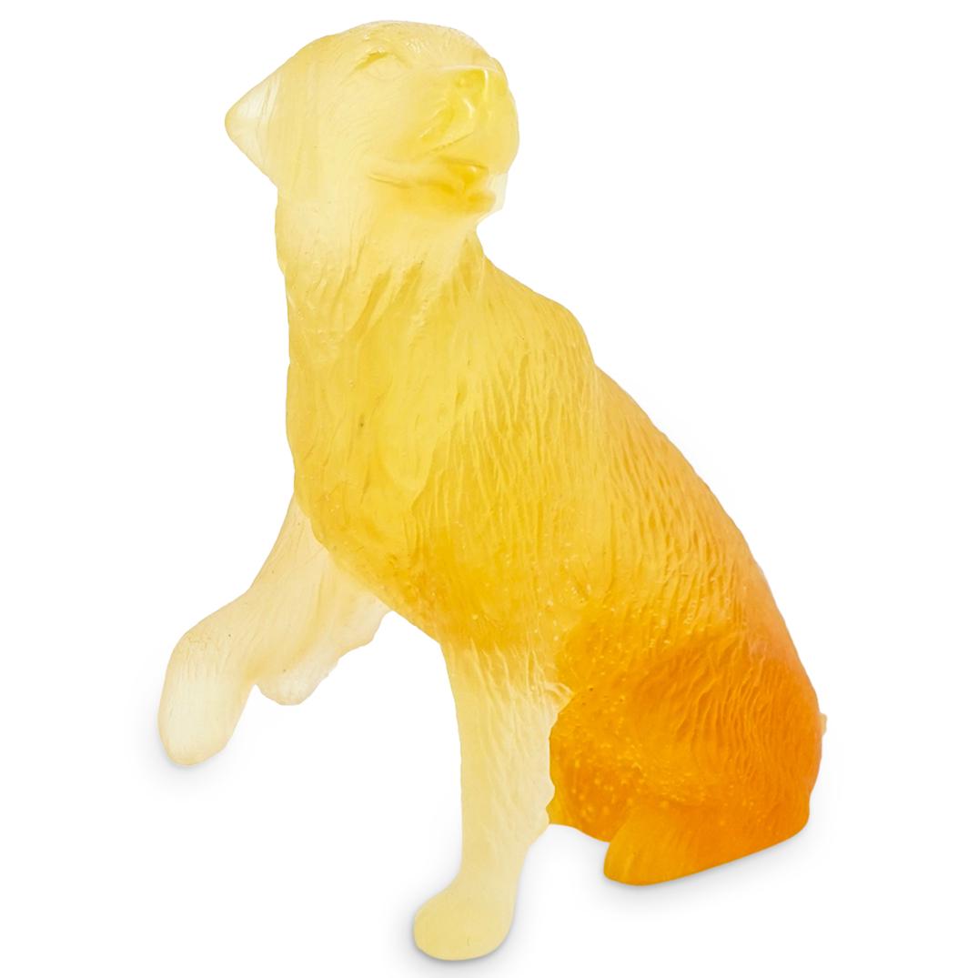 Daum France Pate-De-Verre "Golden Retriever" Glass Sculpture: DESCRIPTION: A Daum France pate-de-verre "Golden Retriever" glass sculpture. Designed in amber pate-de-verre glass. Marked "Daum France". CIRCA: 20th Century ORIGIN: France DIMENSIONS: H: 4 1/8" W: 4"