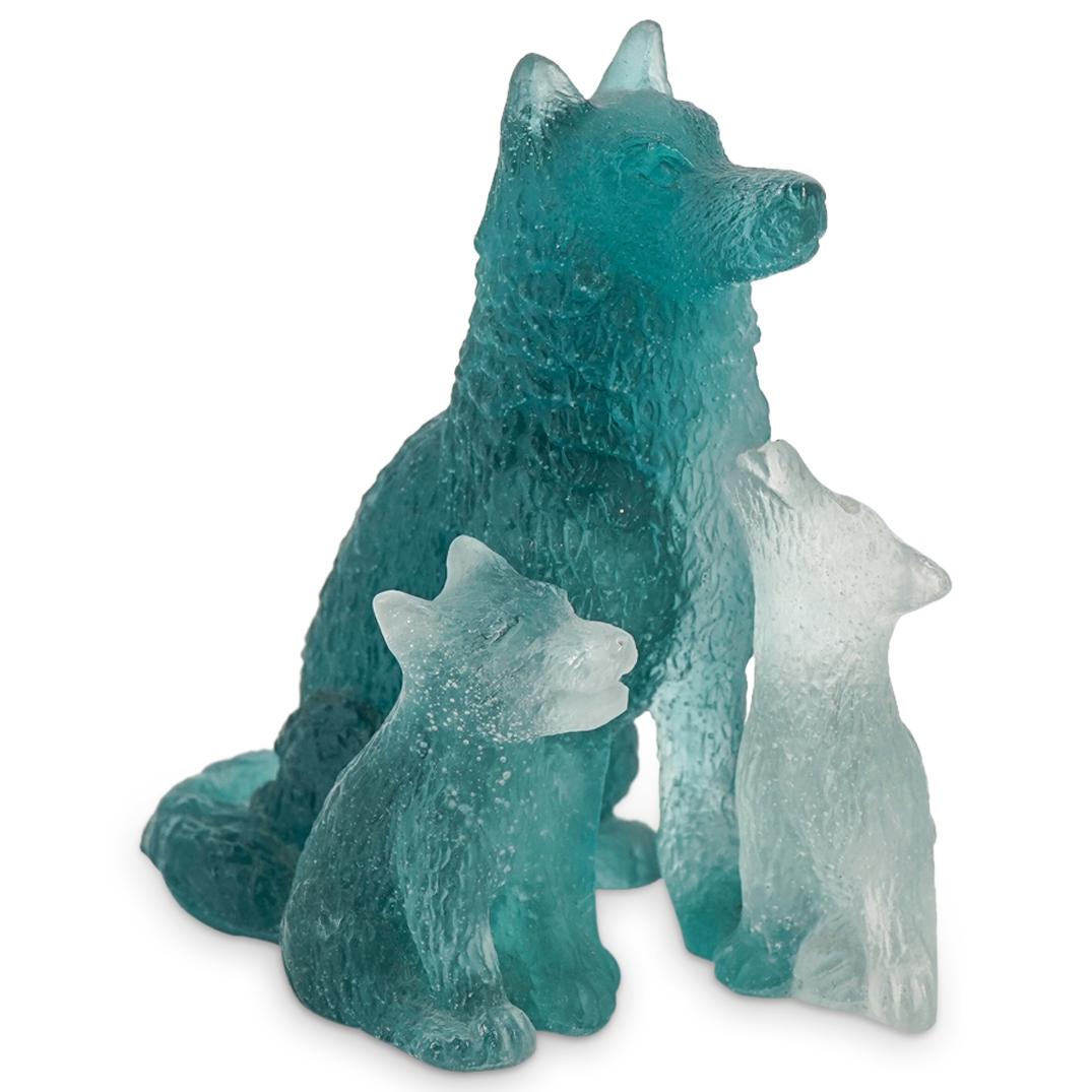 Daum France Pate-De-Verre "Wolfmother W/ Cubs" Glass Sculpture: DESCRIPTION: A Daum France pate-de-verre "Wolf Mother With Cubs" glass sculpture. Designed in clear and greyish blue pate-de-verre glass. Marked "Daum France". CIRCA: 20th Century ORIGIN: France DIMEN