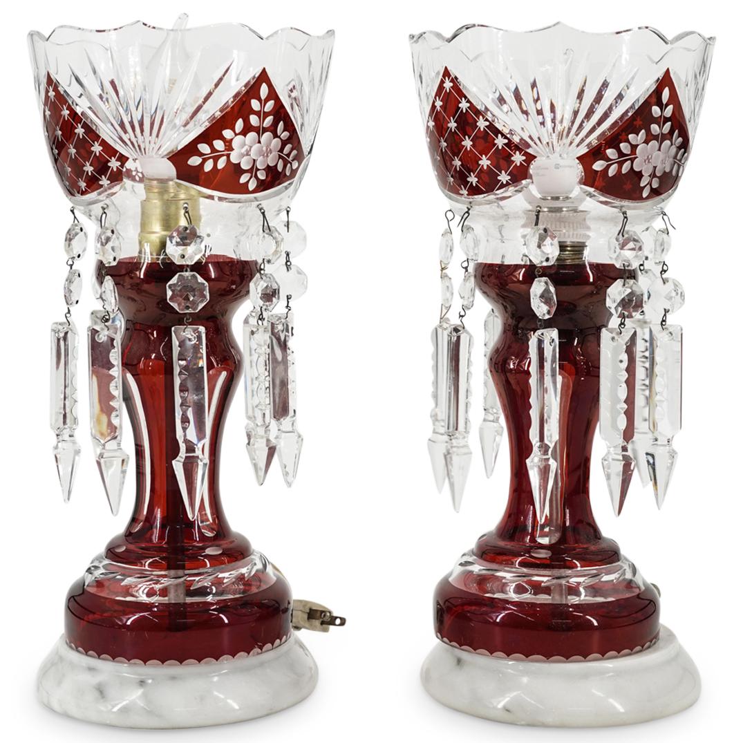 (2 Pc) Bohemian Ruby Red To Clear Cut Glass Mantle Luster Lamps (1 of 8)