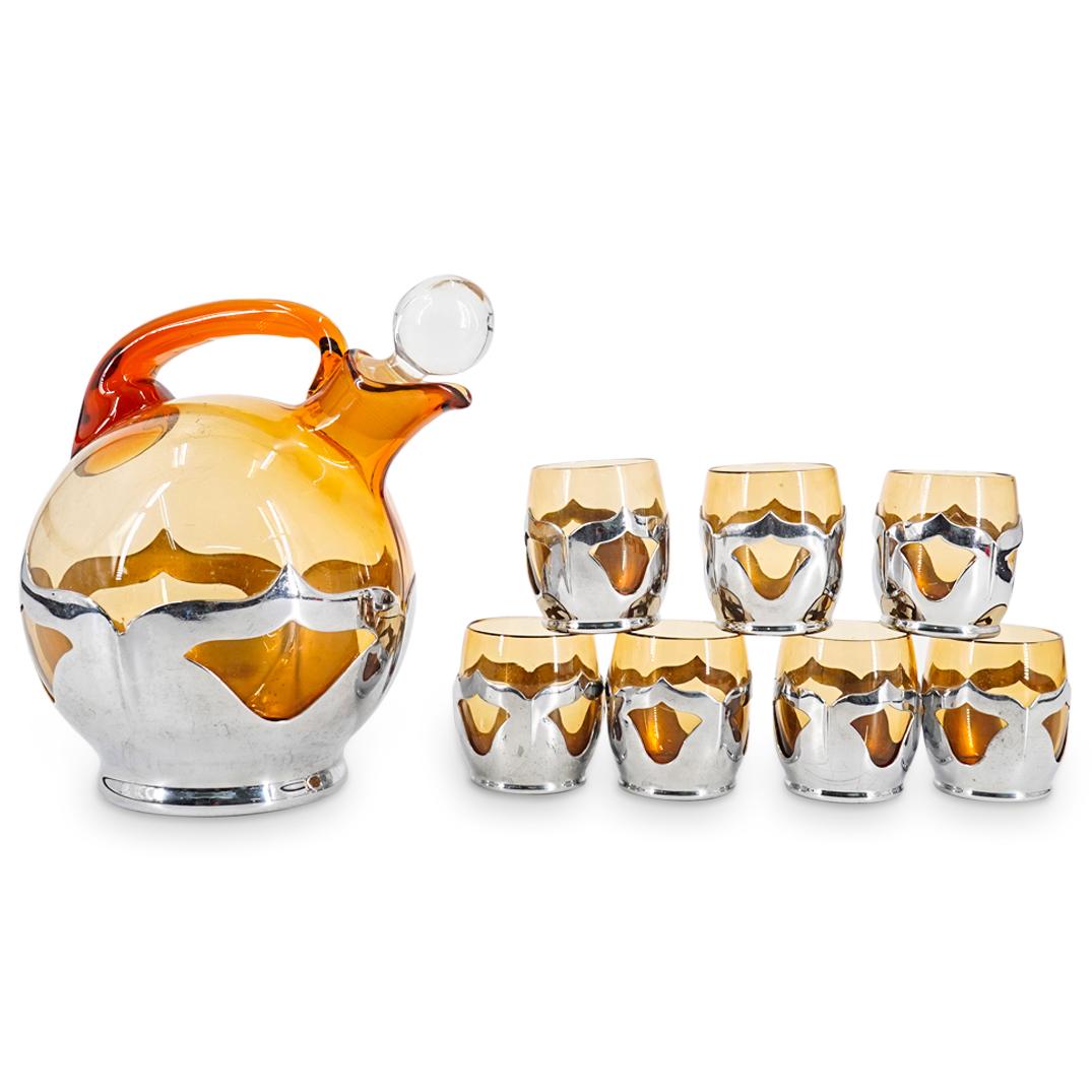 (8 Pc) Farber Bro. Chrome & Amber Glass Decanter / Cordial Glasses Set (1 of 9)