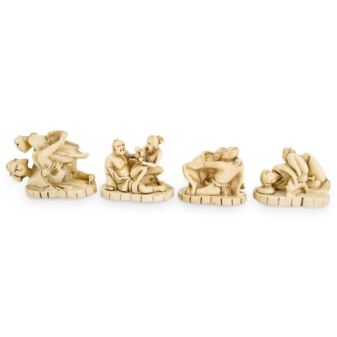 (4Pc) Vintage Japanese Erotic Resin Netsuke Figurines: DESCRIPTION: (4Pc) Vintage Japanese carved resin netsuke figurines depicting semi-nude couples in various erotic positions. Ref: 3313249078 CIRCA: Mid 20th Century ORIGIN: Japan DIMENSIONS: Approximat
