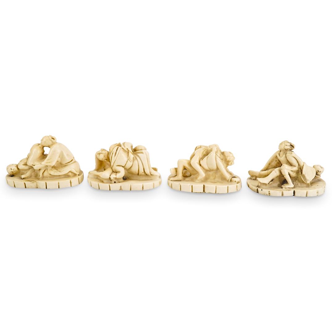 (4Pc) Vintage Japanese Erotic Resin Netsuke Figurines: DESCRIPTION: (4Pc) Vintage Japanese carved resin netsuke figurines depicting semi-nude couples in various erotic positions. Ref: 3313249341 CIRCA: Mid 20th Century ORIGIN: Japan DIMENSIONS: Approximat