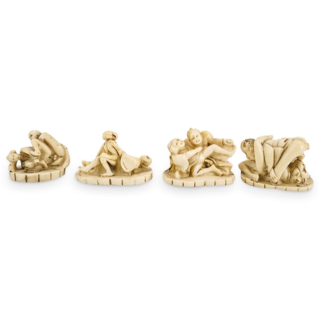 (4Pc) Vintage Japanese Erotic Resin Netsuke Figurines: DESCRIPTION: (4Pc) Vintage Japanese carved resin netsuke figurines depicting semi-nude couples in various erotic positions. Ref: 3313249415 CIRCA: Mid 20th Century ORIGIN: Japan DIMENSIONS: Approximat