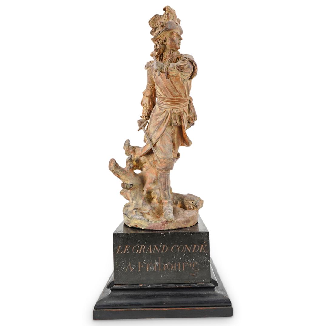 After David Angers "Le Grand CondÃ© Ã Fribourg" Antique Terracotta Sculpture: DESCRIPTION: Antique terracotta sculpture after Pierre Jean David d'Angers work titled "Le Grand CondÃ© Ã Fribourg", depicting the Grand Conde in a stride with an unsheathed sword. Rests atop a b