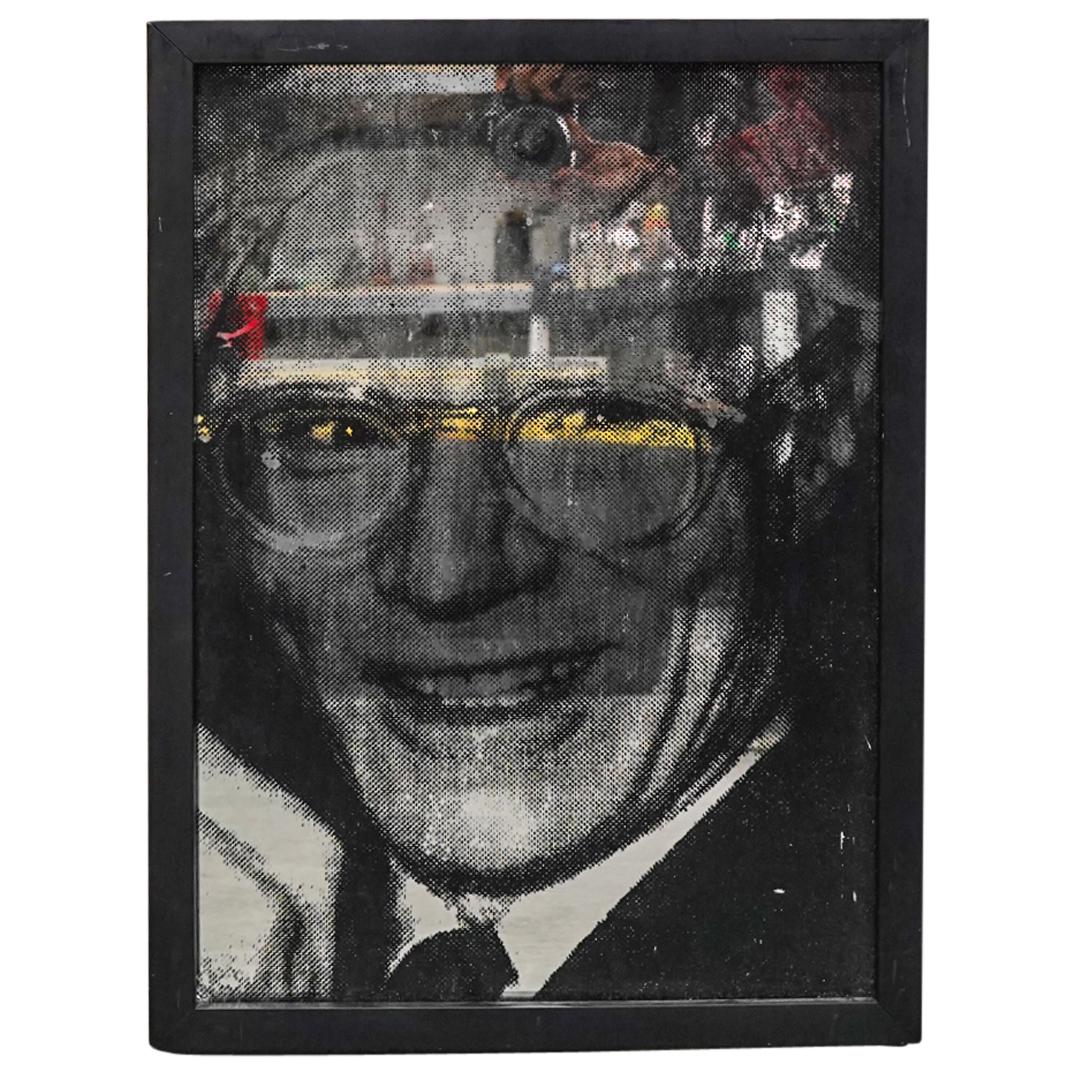 Andrew Wellman (B. 1966) "Andy's Taking A Good Look" Mirror: DESCRIPTION: Screen print on mirror entitled "Andy's Taking A Good Look" by Andrew Wellman depicting a monochrome photograph of Andy Warhol grinning at the viewer. Signed on lower right and signed, ti