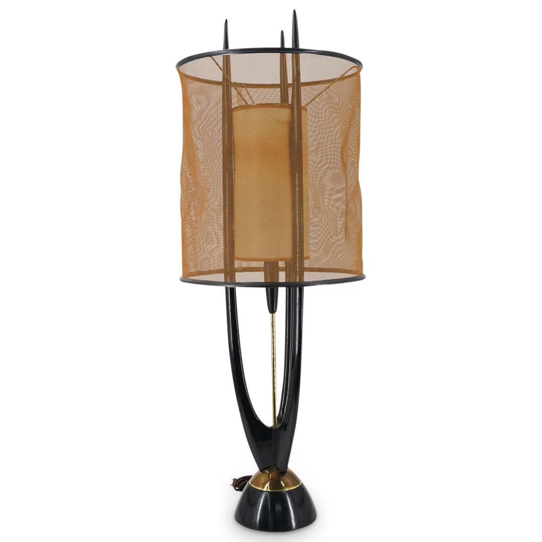 Mid Century Ebonized Wood Netting Shaded Table Lamp (1 of 4)