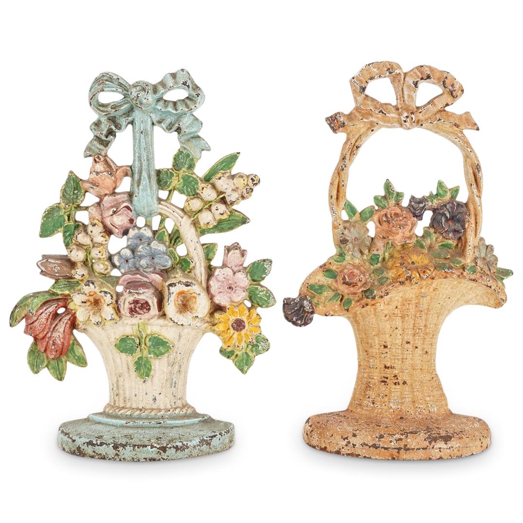 (2Pc) Antique Cast Iron Painted Flower Basket Doorstops (1 of 12)