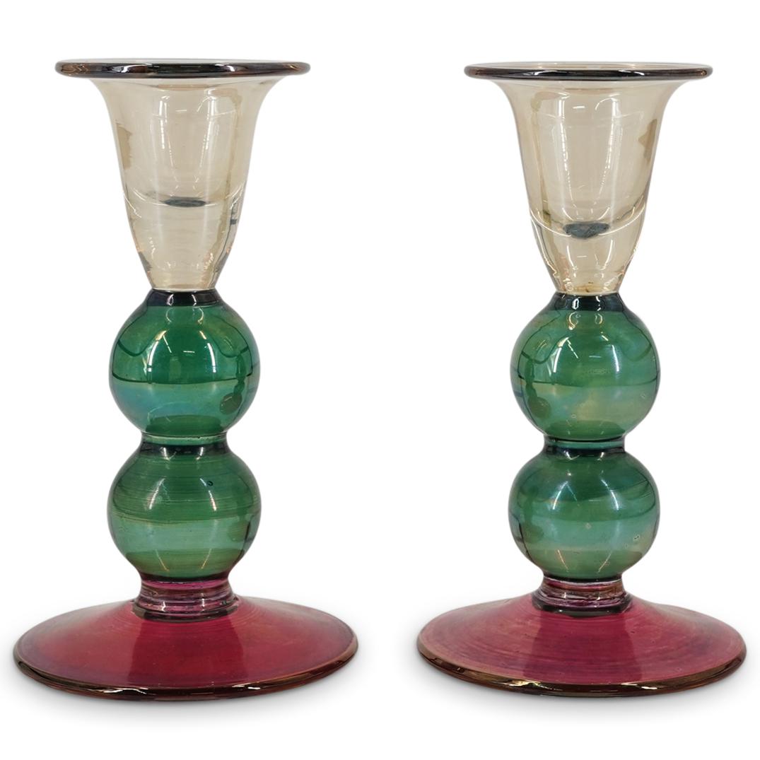 (2 Pc) Royal Dux Bohemia Art Glass Iridescent Candle Holders (1 of 6)