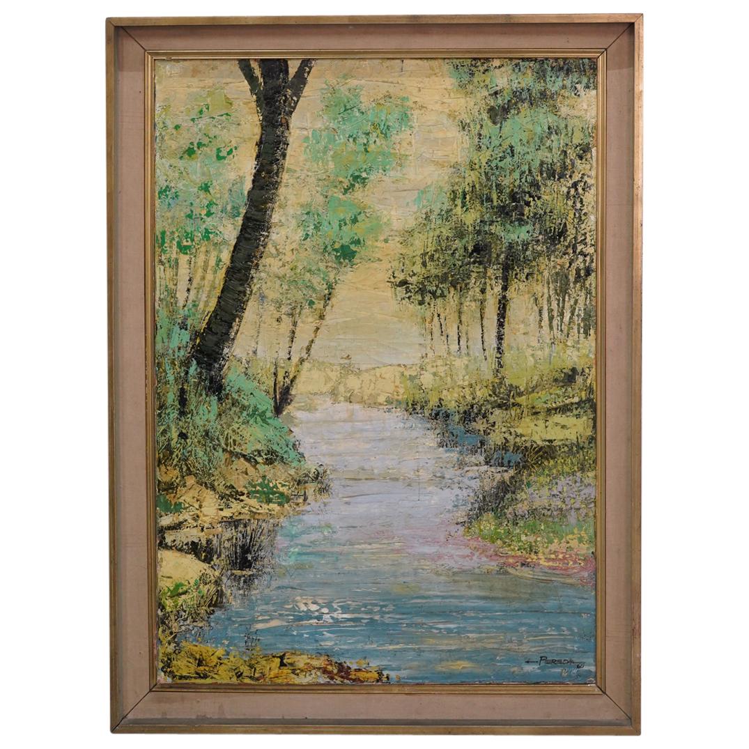 Signed Landscape Oil Painting On Canvas: DESCRIPTION: Oil painting on canvas depicting a summer river landscape, with a sinuous river as a main subject surrounded by abundant trees. Painted with textured impasto technique in a green and yell