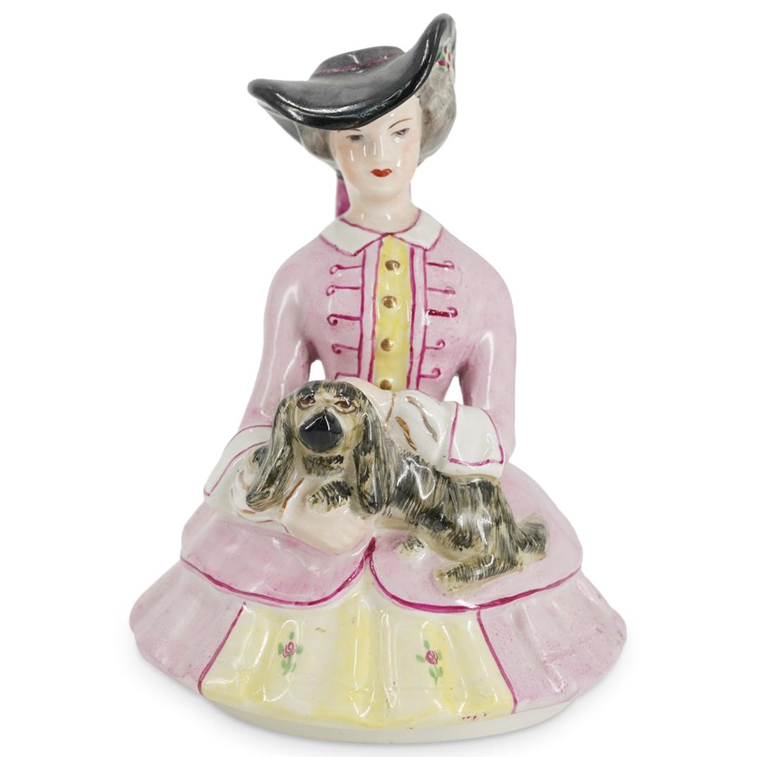 Antique William Kent Staffordshire Porcelain Ware Figurine: DESCRIPTION: Antique William Kent Staffordshire porcelain ware figurine torso depicting a young lady dressed in elegant nineteenth century fashions and holding her pet dog. Marked with WK William Kent