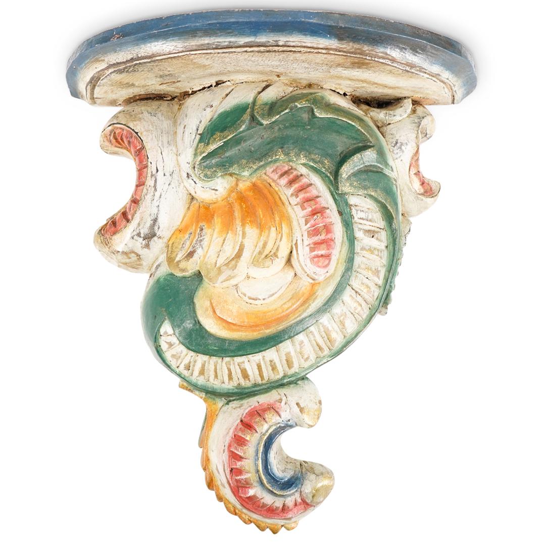 Antique Wooden Hand Carved Polychrome Wall Bracket Shelf (1 of 6)