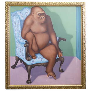 Tom Palmore (American, B. 1945) 'The Gorilla' Oil on Canvas Painting: DESCRIPTION: Tom Palmore (American, B. 1945) Oil on canvas painting titled: 'The Gorilla' or "17th Century Gorilla' featuring the depiction of a gorilla seated in chair, mounted in ornate gilt carved