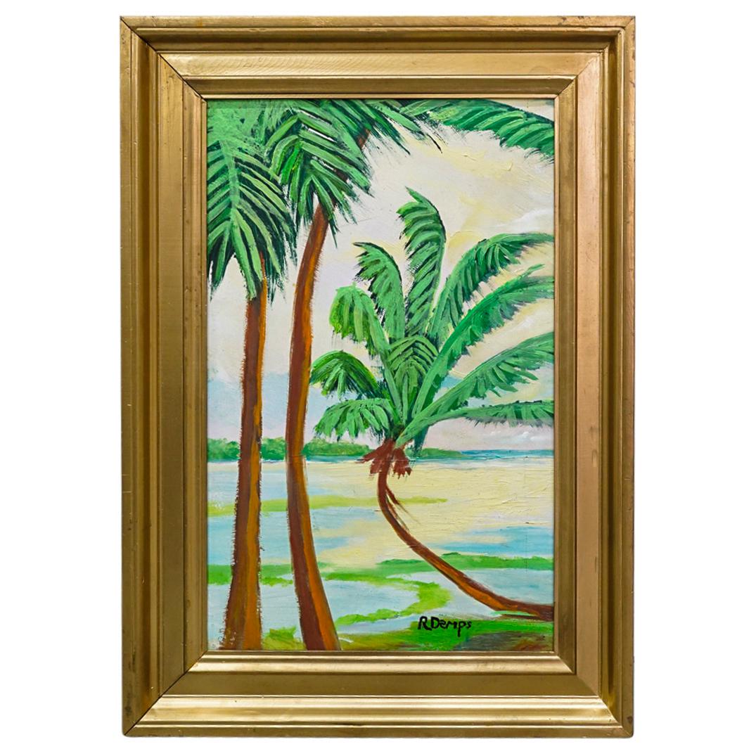 Rodney Demps (1953-2020) O/B Palm Trees Overlooking Estuary: DESCRIPTION: Oil on masonite artist board by Rodney Demps depicting curved palm trees with long fronds overlooking an estuary in the background. Signed at lower center right and mounted in a gilt wood