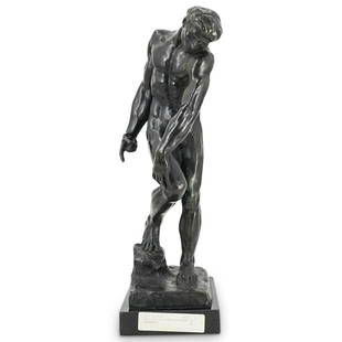 After Auguste Rodin (1840-1917) "Adam" Model Bronze: DESCRIPTION: Bronze sculpture entitled "Adam" after Auguste Rodin depicting Adam slouding and pointing down; piece is a mirrored version of final, large product. Signed by artist behind right foot and