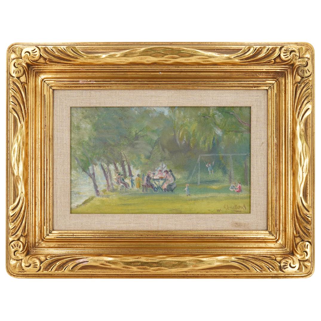 William Glackens (American, 1870-1938) "Central Park" Oil on Canvas Painting: DESCRIPTION: William Glackens (American, 1870-1938) Oil on canvas painting depicting several figures socializing with kids on nearby swings, all set within a Central Park landscape. Signed (Lower Righ